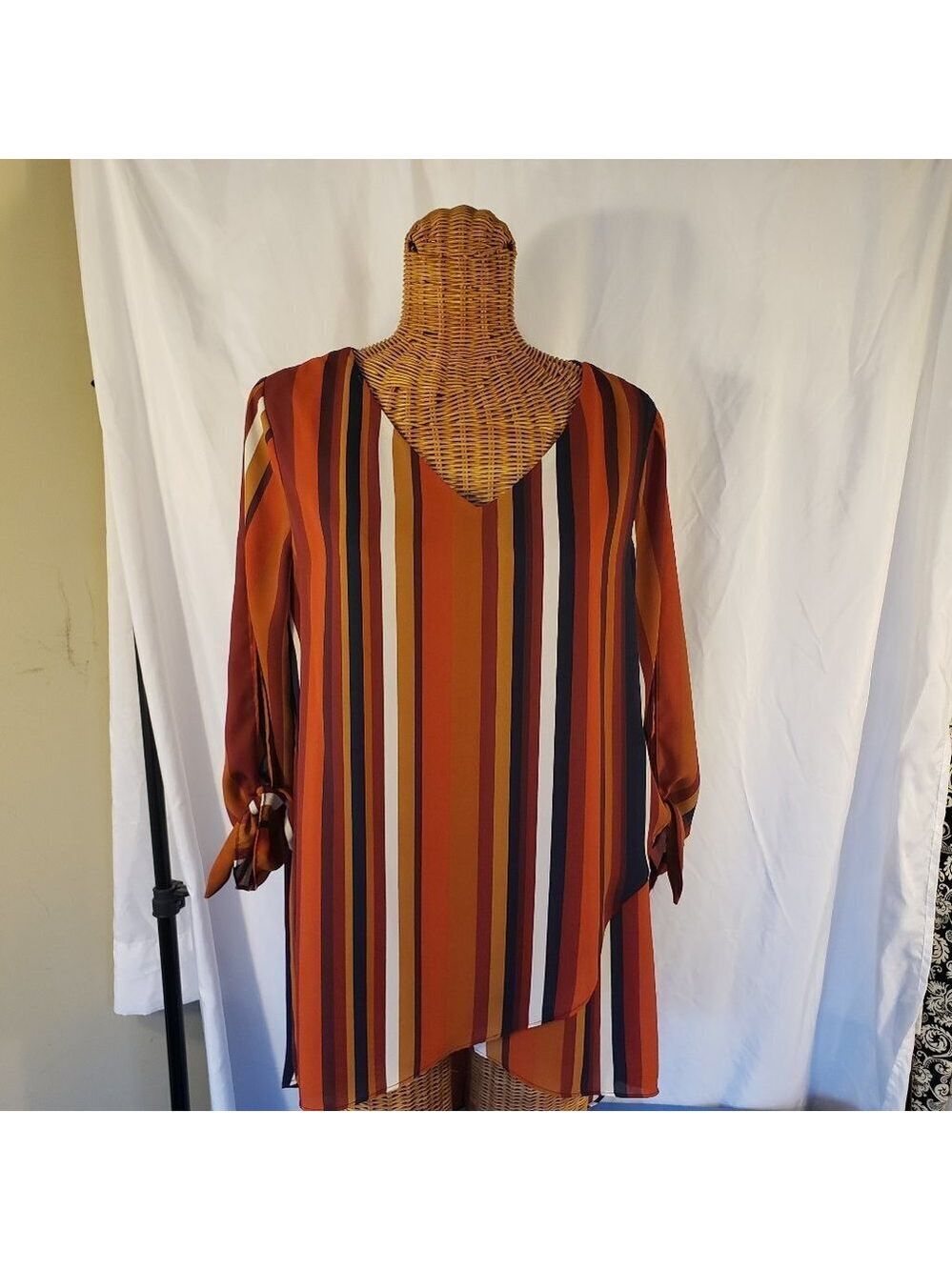 Est. 1948 Women's Striped Slit Sleeve V-Neck Blouse - Orange/Brown/Blue - L